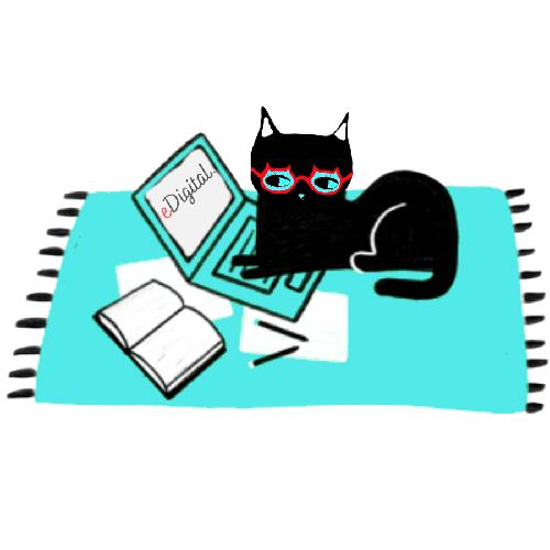 cat laptop rug book red glasses illustration