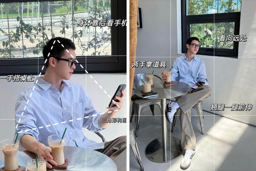 Tạo dáng chụp ảnh nam ngồi cafe bấm điện thoại