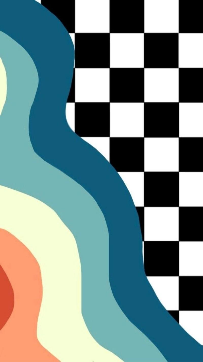 Hình nền caro trắng đen dạng sóng lượn tối giản cho điện thoại tỷ lệ 9:16