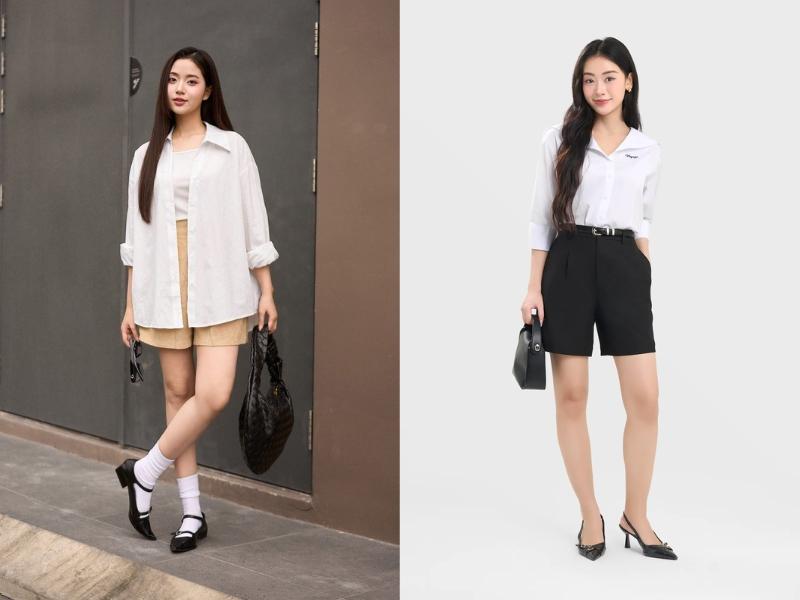 phối áo sơ mi đi biển nữ