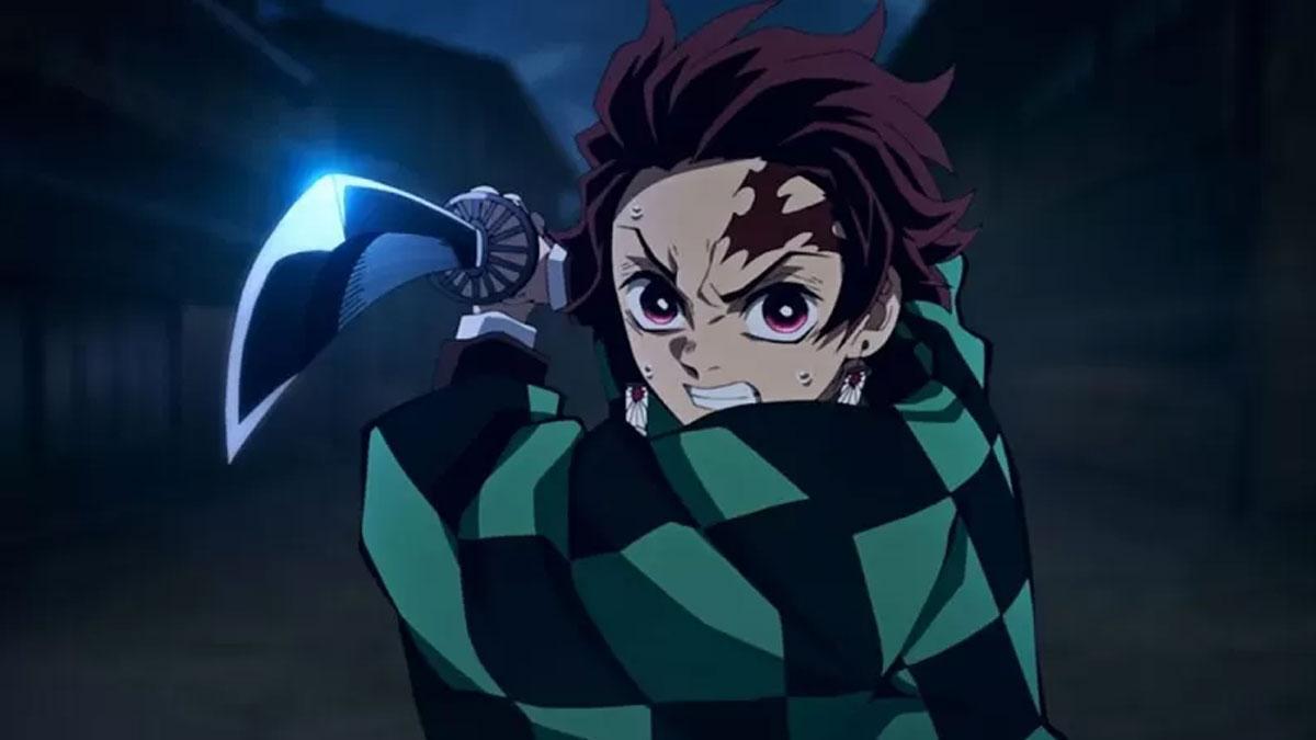 Hình ảnh Tanjiro Kamado trong tư thế chiến đấu cực ngầu, thể hiện sức mạnh và ý chí kiên cường của một Thợ Săn Quỷ.