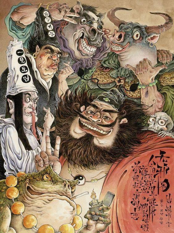 Hình xăm Chung Quỳ kết hợp đầu trâu mặt ngựa và Hắc Bạch Vô Thường