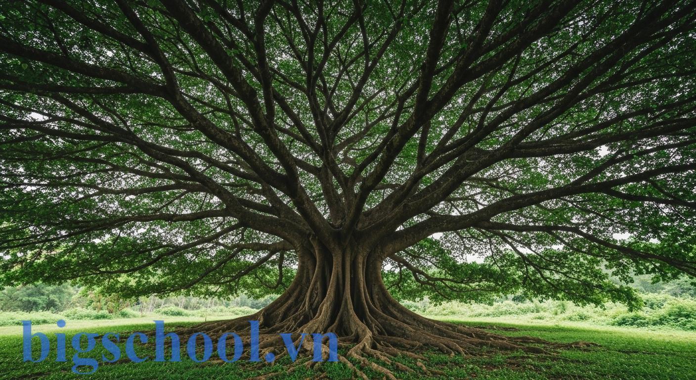 Một gốc cây cổ thụ vững chắc với rễ bám sâu vào lòng đất, tượng trưng cho sự bền vững và kiên cố của ngôn ngữ chuẩn mực.