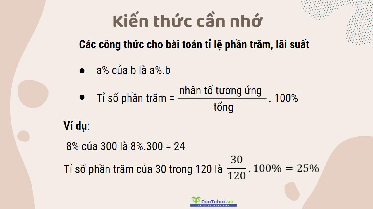 Các công thức cho bài toán tỉ lệ phần trăm, lãi suất