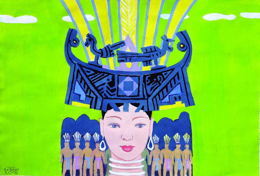 Chân dung người phụ nữ với mũ đội đầu lớn hình thuyền và nhiều người nhỏ phía dưới