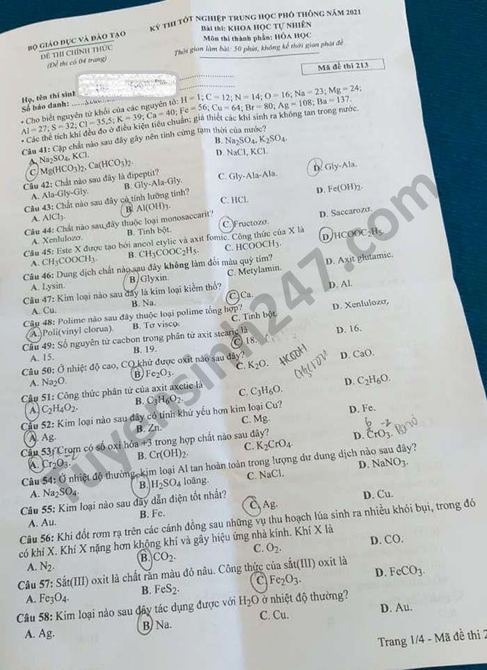 Đáp án môn Hóa học mã đề 213 kì thi THPT Quốc gia 2021 - Ảnh 1