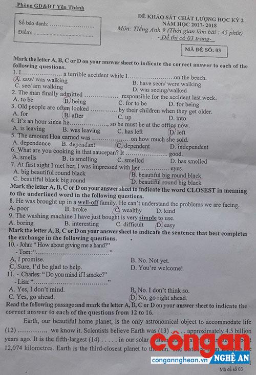 Đề thi tiếng Anh được đánh giá là quá khó so với trình độ học sinh lớp 9