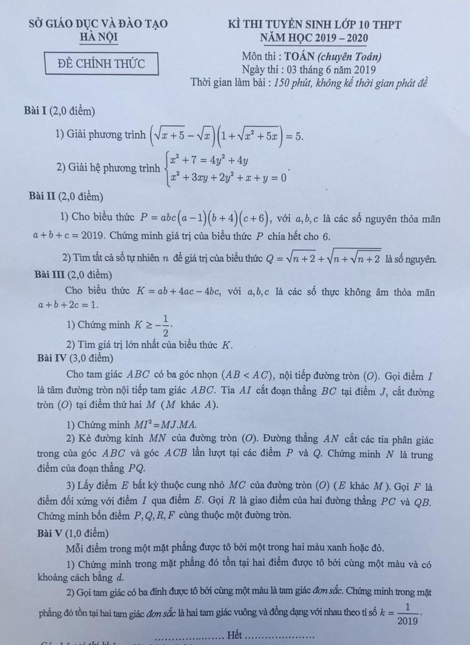 Đề thi môn Toán vào lớp 10 chuyên của Hà Nội năm 2019 - 1