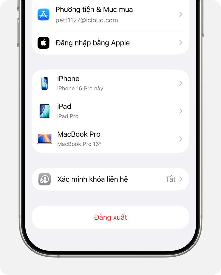 Xác minh khóa liên hệ trong cài đặt Tài khoản Apple trên iPhone.