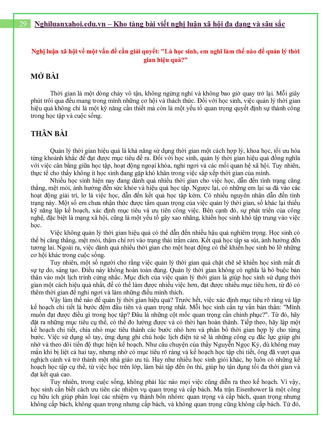 Là học sinh, em nghĩ làm thế nào để quản lý thời gian hiệu quả?