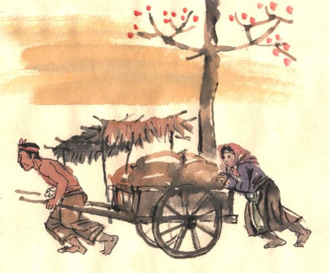 Tranh minh hoạ về cảnh trong tác phẩm "Vợ nhặt" của nhà văn Kim Lân. (Ảnh minh hoạ: Giaoducthoidai.vn)