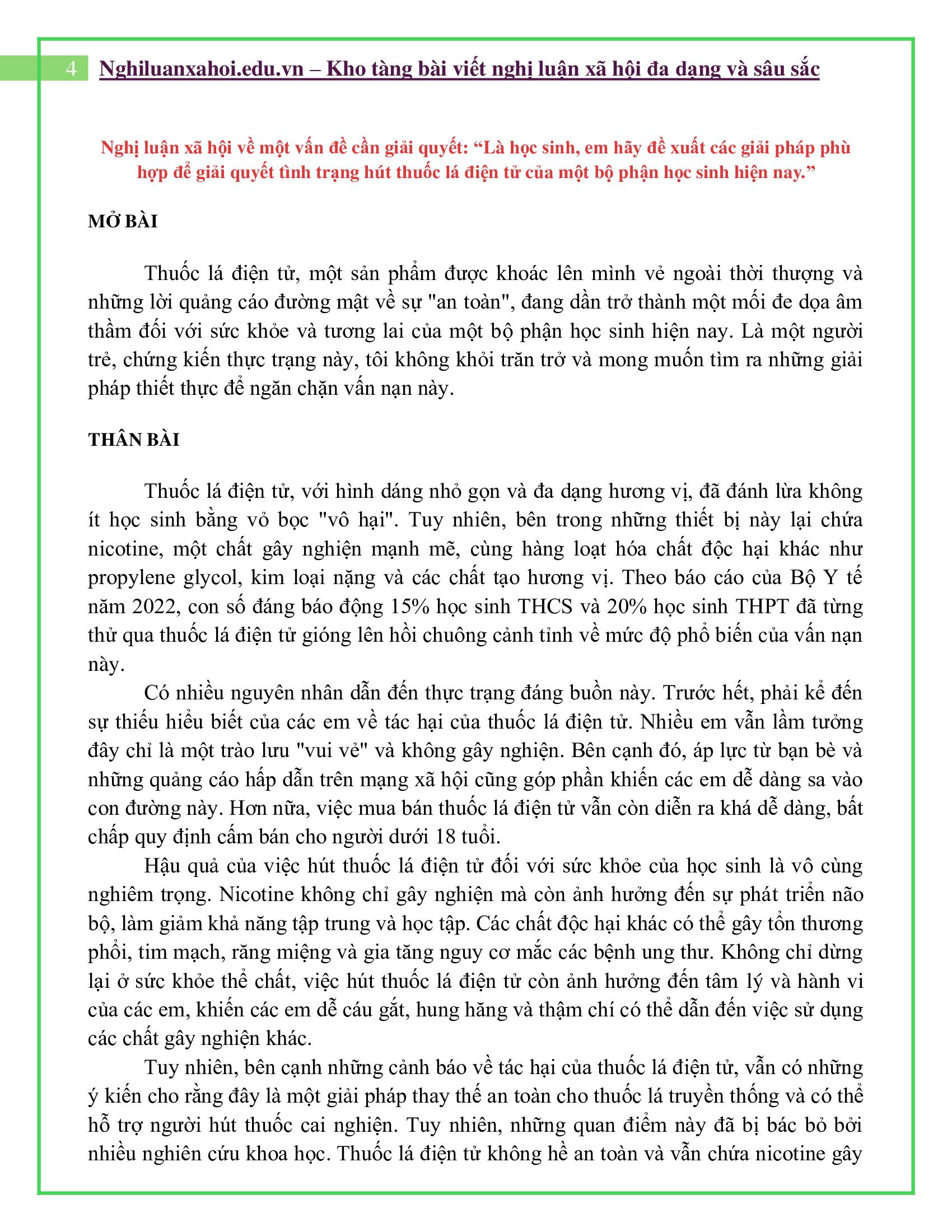Là học sinh, em hãy đề xuất các giải pháp phù hợp để giải quyết tình trạng hút thuốc lá điện tử của một bộ phận học sinh hiện nay