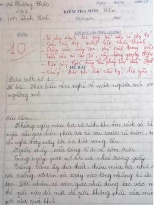 Bài văn của nữ sinh đạt điểm 10.