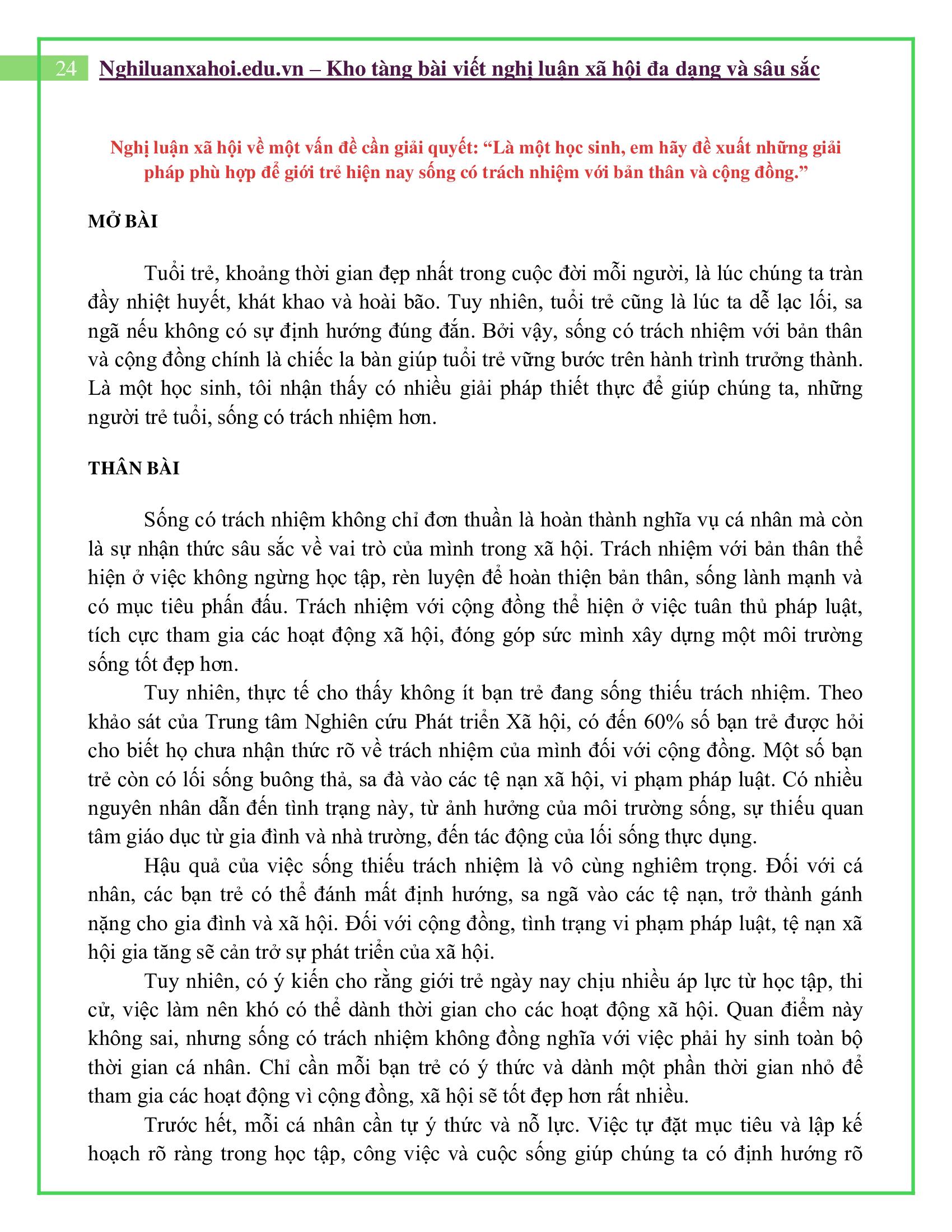 Là một học sinh, em hãy đề xuất những giải pháp phù hợp để giới trẻ hiện nay sống có trách nhiệm với bản thân và cộng đồng.