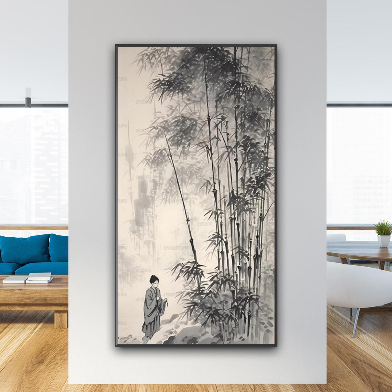 Mẫu tranh treo tường khổ dọc hình ảnh thiếu nữ bên khóm tre đẹp màu đen trắng