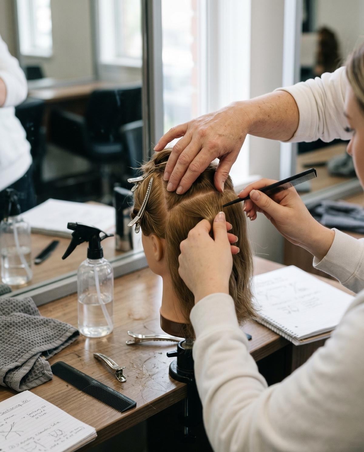 Close up of a beauty instructor guiding a student