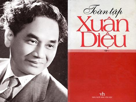 Nhà thơ Xuân Diệu và bìa cuốn Toàn tập Xuân Diệu.