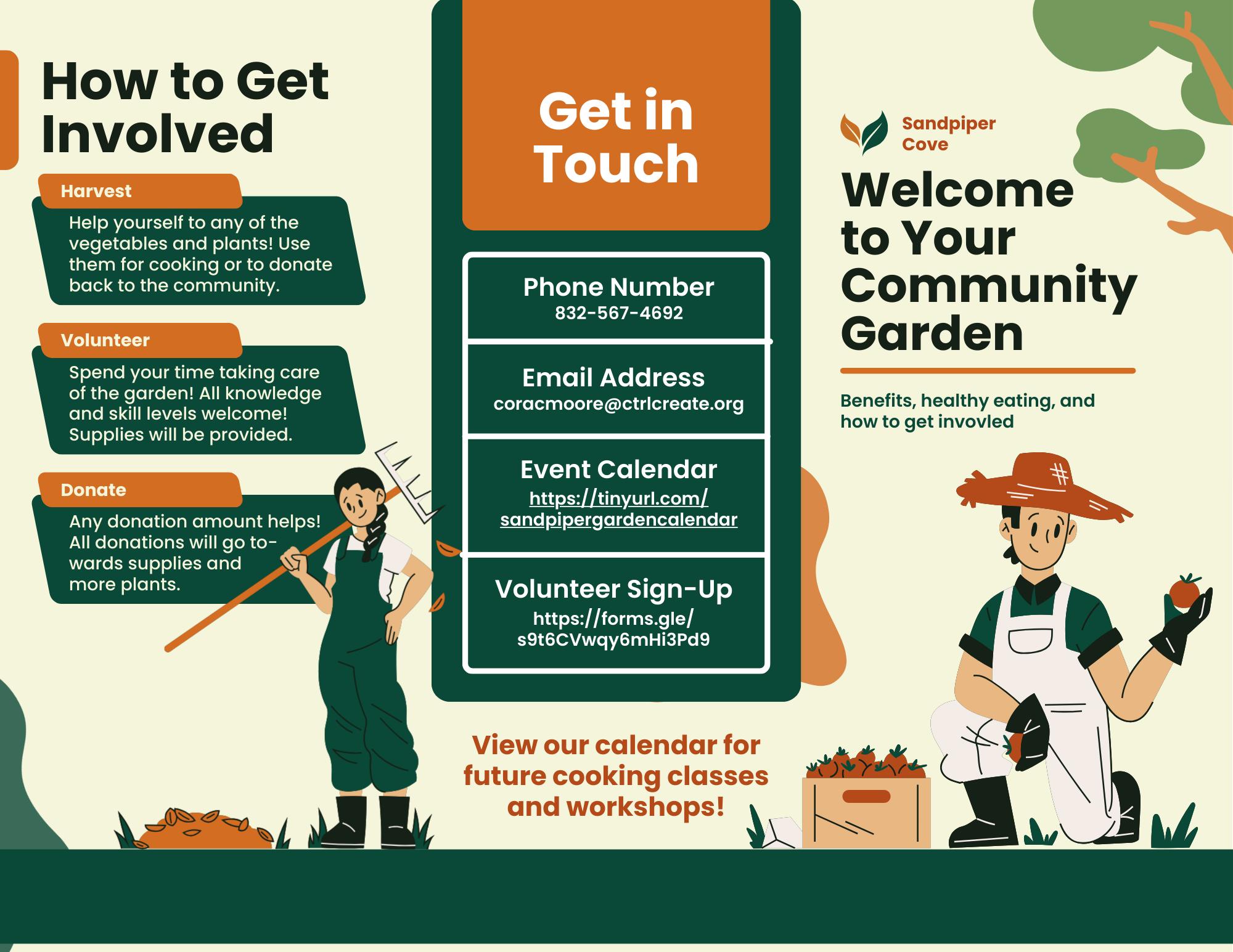 Tri-fold Sandpiper Cove Community Garden brochure created by Anh, with illustrated gardeners and sections explaining how residents can harvest produce, volunteer, donate, view the event calendar, and contact organizers.