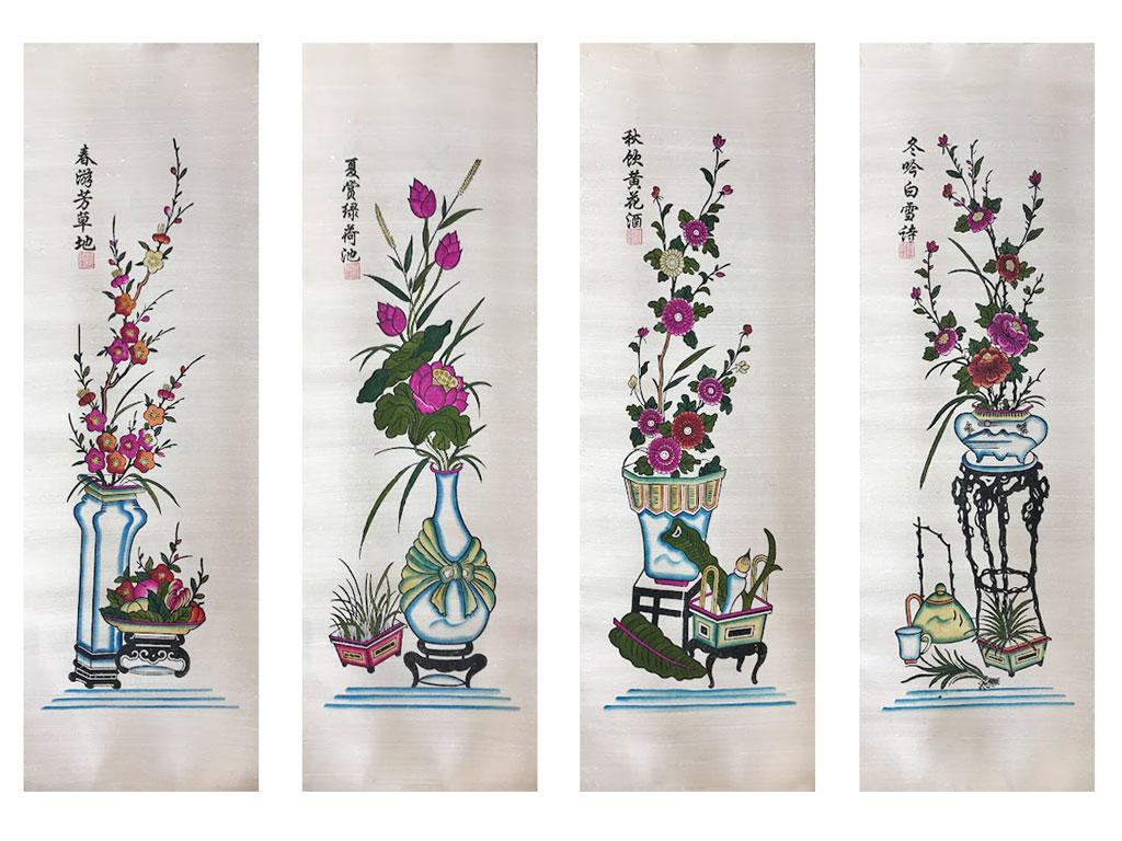 Bức tranh tứ bình gồm 4 bức họa tiết hoa cỏ kèm thơ tứ tuyệt chữ Hán
