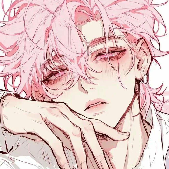 anime boy ngầu tóc hồng che nửa khuôn mặt