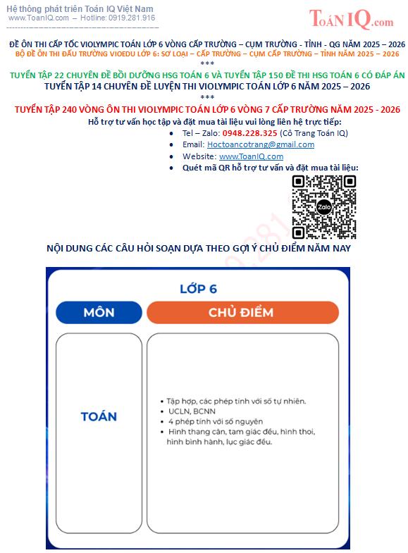 Tuyển tập 240 câu ôn thi Violympic Toán lớp 6 Vòng 7 cấp Trường năm 2025 - 2026