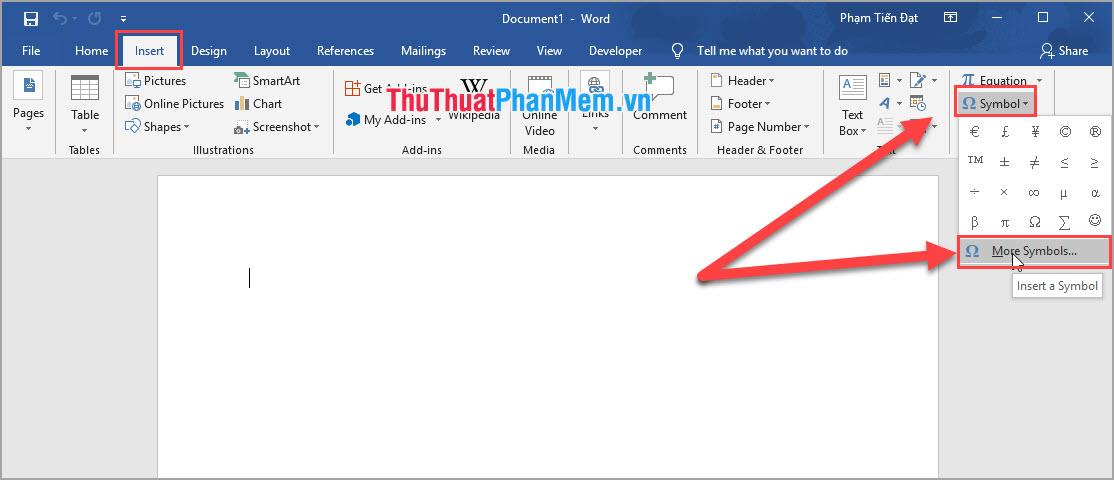 Chọn thẻ Insert và chọn Symbol ➝ More Symbols...