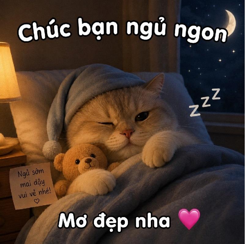 Ảnh mèo chúc ngủ ngon meme này dành cho hội vừa nằm đã nhớ deadline.
