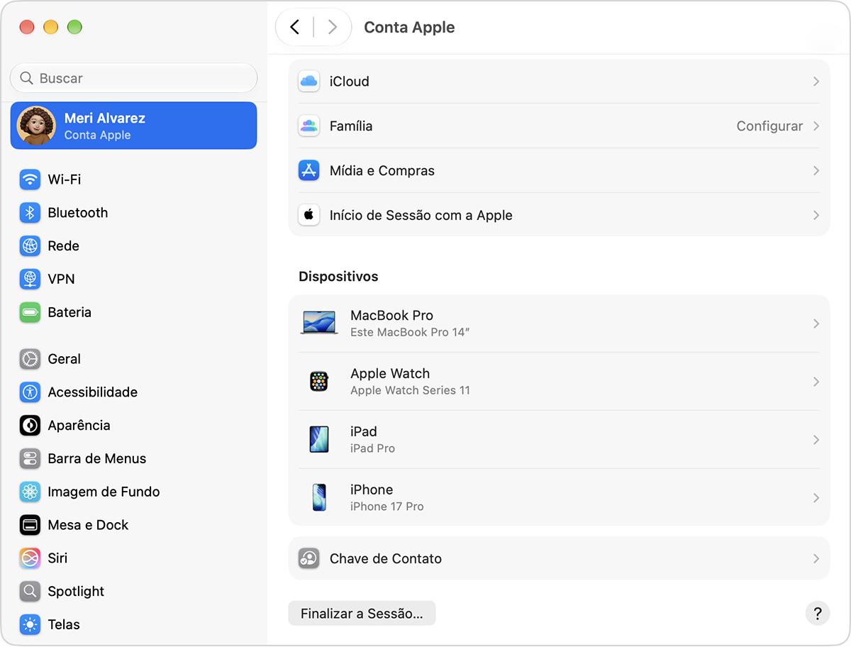 Ajustes do Sistema Mac mostrando uma lista de dispositivos.