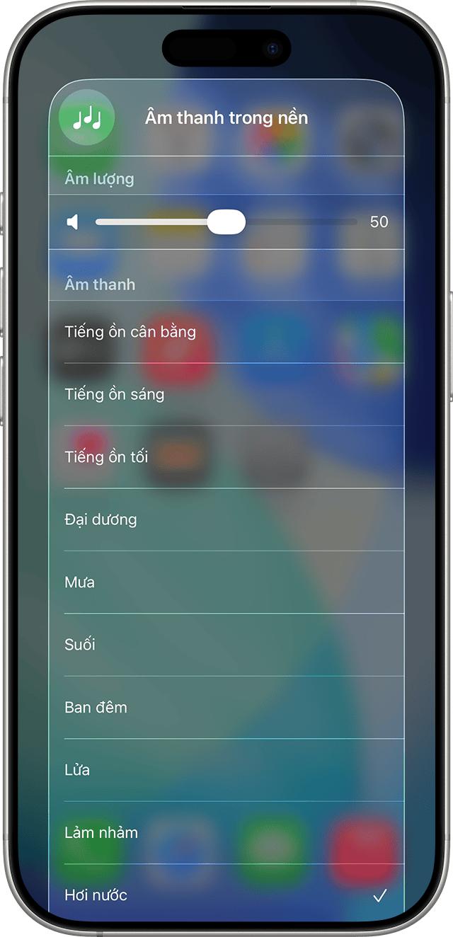 iPhone hiển thị menu Âm thanh trong nền với phần điều khiển âm lượng và các tùy chọn cài đặt âm thanh.